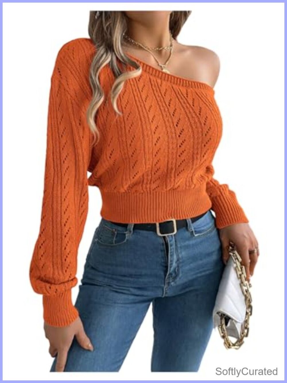 Cable Knit Off Shoulder Sweater Long Sleeve Cropped Pullover